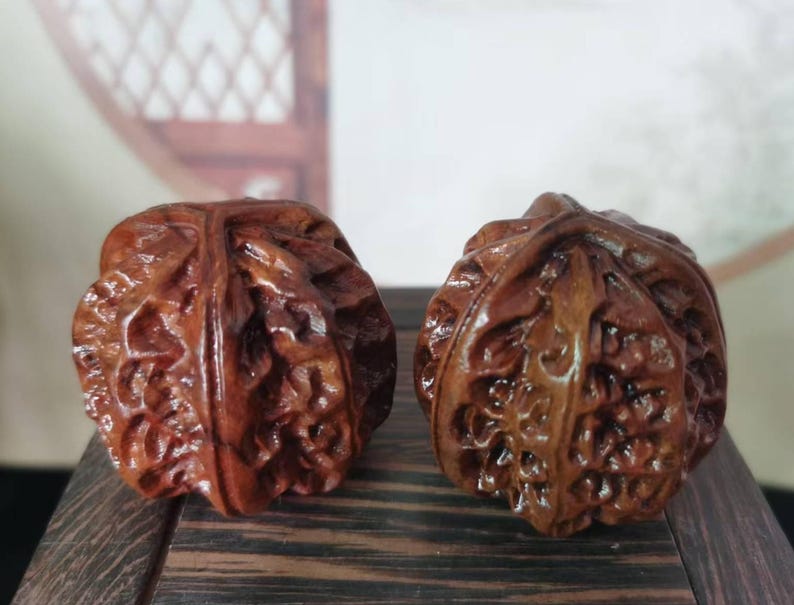 Pair Vintage Antique Natural Walnut Handles Relieve Baoding Balls ...