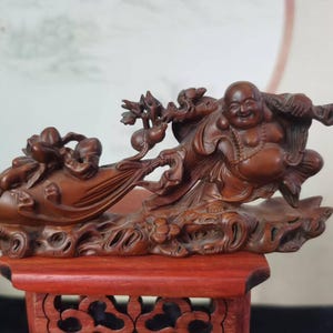Vintage Tibet Wooden buddha statue, Hand Carved Wood figurine,Meditation Zen Decor,car decor wood carving Laughing Smiling Maitreya Buddha 6