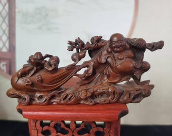 7.87インチのヴィンテージ木製置物、幸せな仏像 - 幸運のカリスマ的な