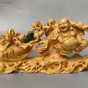 Wooden Happy Laugh Maitreya Buddha Wealth Statue,Brass Laughing Smiling Buddha Statue Budai Figure Buddhism Happiness  Ornament Temple decor
