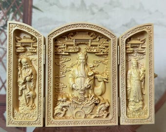 Folding boxwood carving PortableBuddha, Wooden buddism niche Buddhist 3 Panels Boxwood Carving Home Decor Triptych Buddhist altar Box decor
