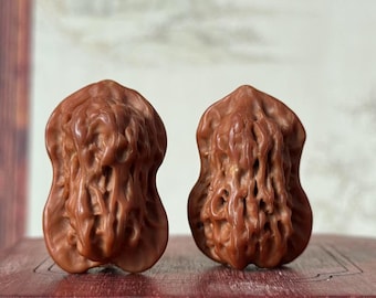 Puede incluir: Dos esculturas marrones talladas de una nuez, con detalles intrincados y una superficie texturizada. Las esculturas se exhiben sobre una superficie de madera.