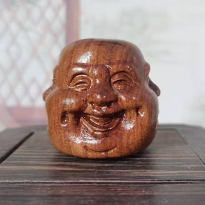 Exquisite Four Faces Buddha Head Sculpture Pendant Natural wood Happy Laugh Maitreya Buddha Head Statue decor Four Pleasure Anger Sorrow Joy