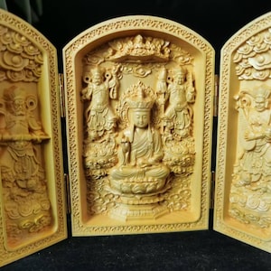 Tibet natural wood Ksitigarbha Bodhisattva statue, Old Three Open Buddha Box,wood carving ,Zen,car decor,Tibeten open buddhist niche temple.