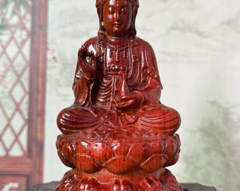 Wood Carved Kwan-yin Guan Yin Boddhisattva Goddess Statue Meditation Zen Decor Solid Wood Cypress carving God of Wealth Protect Safety gift