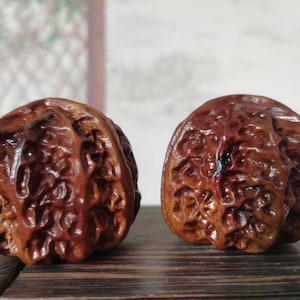 Puede incluir: Dos esculturas de madera tallada de nueces. Las esculturas son de un color marrón oscuro intenso con un acabado brillante, que muestra texturas y patrones detallados. Se encuentran una al lado de la otra sobre una superficie de madera, con un fondo borroso.