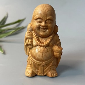Tibet Wooden happy buddha statue,Vintage Hand Carved Wood figurine,Meditation Zen Decor,car decor wood carving,small lycky Buddha statue MY4