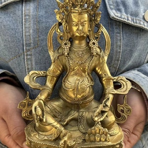 Brass Yellow Jambhala BuddhaStatue Tibetan Buddhism Tantric God of Wealth Deity Mala Bodhisattva Hindu Praying Meditation buddhist blessings