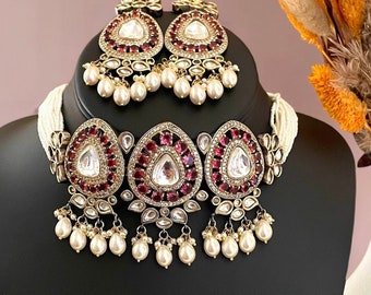 Fuchsia Pink Kundan Choker Necklace Set: Indian Bridal Jewelry
