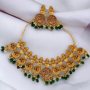 Goddess laxmi kemp stone necklace/Nakshi necklace/Antique gold necklace/South Indian jewelry/Guttapusalu necklace/Indian jewelry/Wedding.