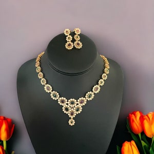 Antique gold finish Kemp stone delicate necklace set/Ruby & green south Indian necklace set/south indian jewelry/Temple jewelry/Gift for mom