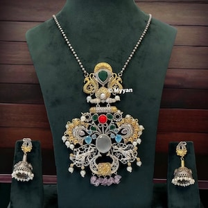 Geoxideerde Duits zilveren hanger ketting/tweekleurige statement ketting grote hanger/Trendy fusion-sieraden/Indiase geoxideerde tweekleurige sieraden