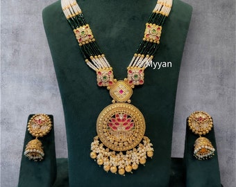 Antique gold Kundan and pearl longrani haar/Ruby & Gold Lotus jewelry set/Beaded long rajwadi bridal necklace set/Ethnic Gujrati jewelry