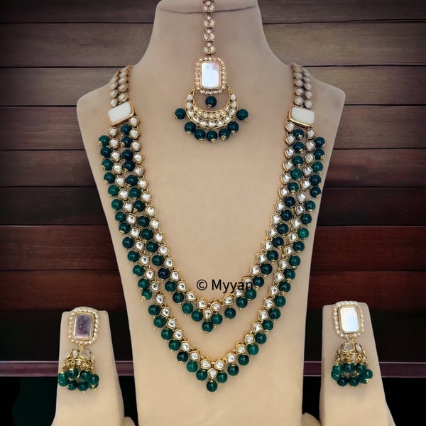 Bollywood style Two layer kundan rani haar/Emerald green Long kundan necklace set/kundan mala/Indian pearl necklace/wedding jewelry
