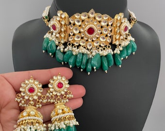 Pachi Kundan Choker Halskette mit Jhumka Jadau Schmuck indischer traditioneller Hochzeitsschmuck