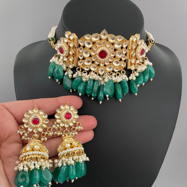 Pachi kundan choker necklace/Green & gold choker necklace/Ahmdabadi kundan necklace/Indian wedding jewelry/Jadau necklace/Punjabi jewelry