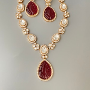 Moisaanite polki necklace/Uncut kundan long necklace set/Ruby red carved stone necklace/Bridal necklace set/Indian/Punjabi/Pakistani jewelry