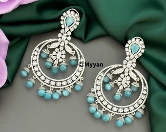 Premium quality sky blue diamond chandbali earring in silver rhodium plated finish/Indian diamond & pearl CZ earring/Punjabi jewlery/Gift