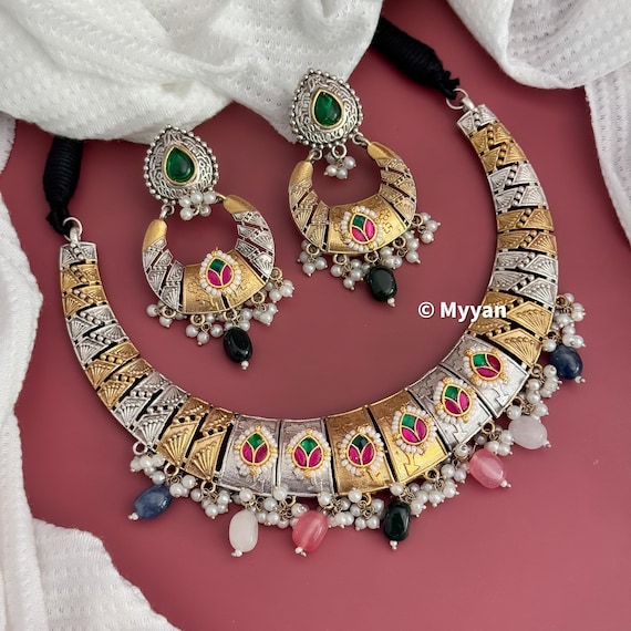 Dual tone oxidized necklace/Oxidized fusion kundan necklace/Two tone jewelry/Fusion hasli/Ethnic Garba jewelry/Latest navratri collection