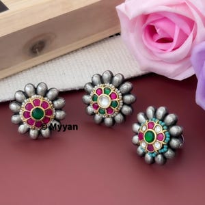 Antique finish Oxidized statement ring/Ruby and green kundan circular ring/Adjustable German silver ring/Indian hand jewelry/Afghani jewelry