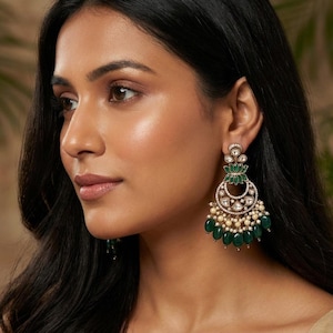 Pendientes chandbali de rubí y moissanita verde/loto polki/joyería de boda india pakistaní/regalo para ella