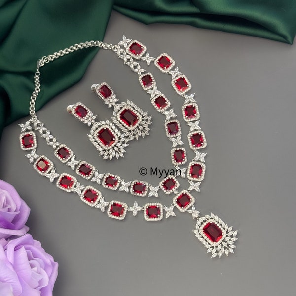 White tone ruby red cz long necklace set/Indian CZ diamond necklace/Sabyasachi inspired lab diamond necklace/Faux diamond statement jewelry