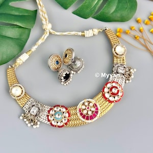 Hasli Kundan de dos tonos/Hasli delicado de dos tonos con pendiente jhumka/Joyería tradicional india/Joyería de fusión/Conjunto de joyas oxidadas
