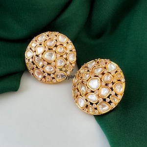 Pendientes de diamantes Polki Kundan / Pendientes de Kundan de gran tamaño con lámina de oro / Pendientes de Kundan de diseñador grandes / Joyas de Bollywood / Joyas de boda indias