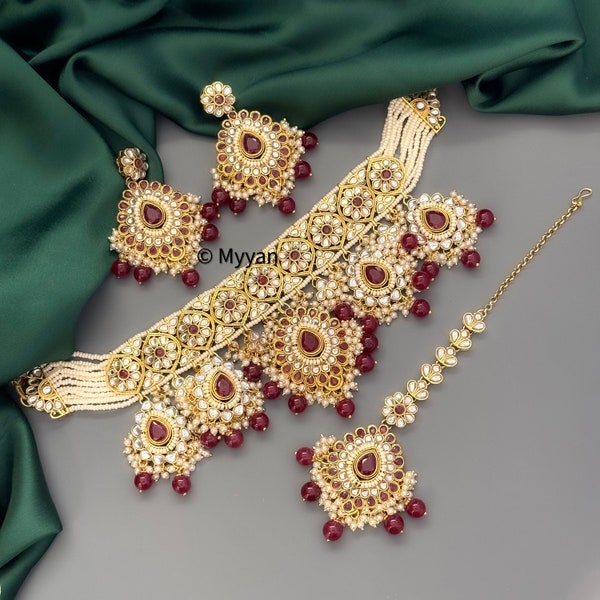Premium quality Ruby red kundan choker Necklace set with gold palted finish/Heavy kundan & pearl bridal choker/Indian Pakistani jewelry