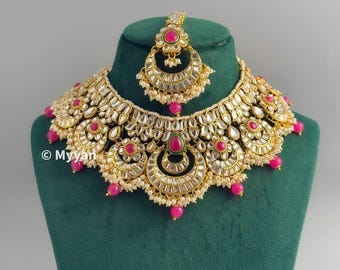 Collar nupcial Kundan/Collar Kundan rosa Rani con jhumka y tika/Joyería nupcial Desi/Joyería pakistaní/Colección nupcial india