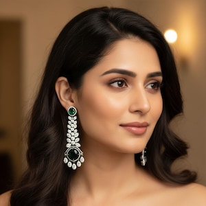 Cubic zirconium and doublet stone long statement earring/Elegant ruby green earring diamond earring