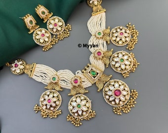 Gold plated Pearl & kundan Necklace set/Ruby and green high gold bridal necklace/ set/Bridal jewelry/Indian wedding jewelry/Saree necklace