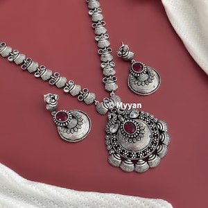 Oxidize pendant necklace/Oxidized silver stone necklace/Indian silver jewelry/Lightweight statement necklace/Boho jewelry/Garba jewelry