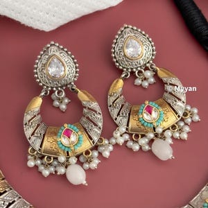 Dual tone oxidized necklace/Oxidized fusion kundan necklace/Two tone jewelry/Fusion hasli/Ethnic Garba jewelry/Latest navratri collection image 6