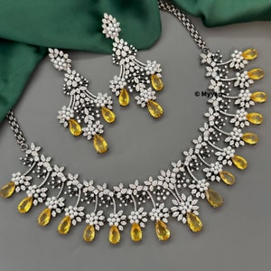Yellow diamond & pearl necklace set in victorian finish/Pear cut Designer Doublet stone statement necklace/Premium quality indian jewelry