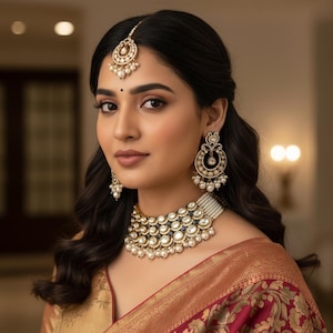 Ras de cou superposé Kundan à pois inspiré de Tyani avec mangtika, ensemble de bijoux en kundan plaqué or et perles, bijoux de mariage indien