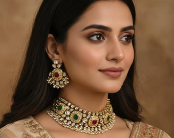 Gold plated Jadau pachi kundan choker necklace set-High end Rajwadi Indian bridal jewelry