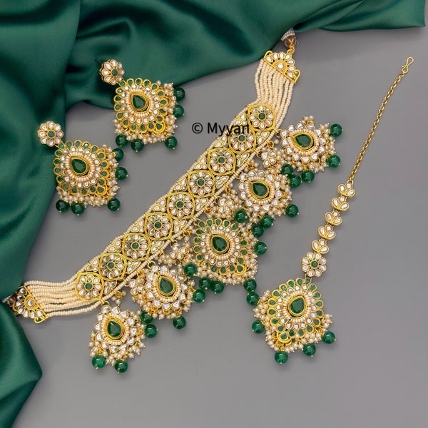 Premium quality emerald green kundan choker set/Heavy kundan & pearl bridal choker/wedding jewelry/Indian choker necklace/Pakistani jewelry