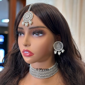 Silver polki choker necklace set/Indian necklace set with earring and tika/Punjabi necklace/Wedding jewelry/Indian bollywood jewelry/Gift