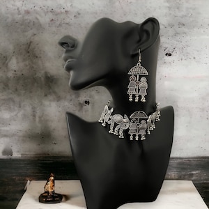 Indian oxidized wedding choker necklace/German silver Barati necklace/Indian tribal jewelry/Trendy Navratri jewelry/Lightweight necklace set