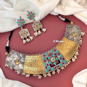 Conjunto de collar tribal de dos tonos oxidado/conjunto de gargantilla SLA con diseño de pájaro/joyería étnica india/joyería tribal/joyería oxidada de dos tonos/boho