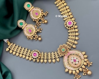 Collana in oro rubino e verde/Set di gioielli replica in oro delicato/Set di collane Meenakari/Gioielli gujrati tradizionali/Gioielli etnici in oro