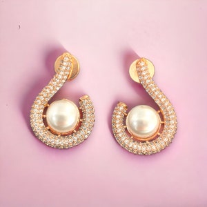 Diamond & pearl stud earring/Rose gold contemporary studs/Silver diamond earring/Evening earring/Indian earrings/Gift for her/Cocktail
