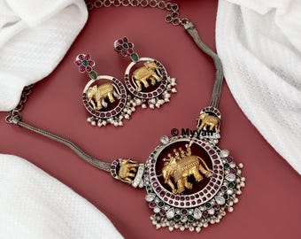 Oxidized Elephant Pendant Necklace: Dual Tone Indian Saree Jewelry