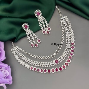 Premium quality Three layer Hot pink CZ diamond necklace set in silver finish/Indian diamond jewelry set/CZ necklace/Pakistani jewelry