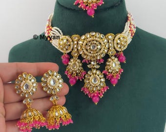 Pink Kundan Choker Necklace Set: Indian Jewelry, Earrings & Tika
