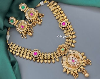 Collana in rubino e oro verde/Delicato set di gioielli replica in oro/Set di collane Meenakari/Gioielli tradizionali Gujrati/Gioielli dell'India meridionale