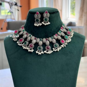 German silver multicolor stone necklace/Ruby green & black oxidize necklace/kolhapuri stone set/Silver look a like necklace/Indian jewelry