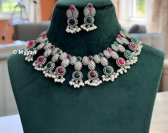 Oxidized German Silver Necklace: Ruby, Green, & Black Stone Set