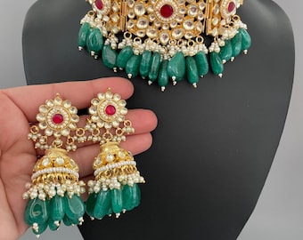 Pachi kundan choker necklace with jhumka jadau jewelry Indian traditional wedding jewelry